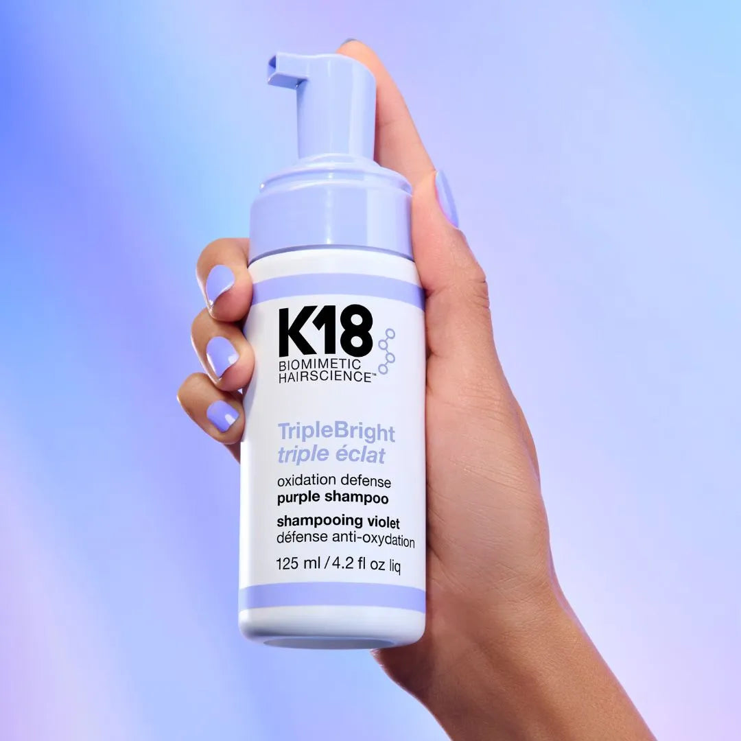 K18 TripleBright purple shampoo tones and brightens