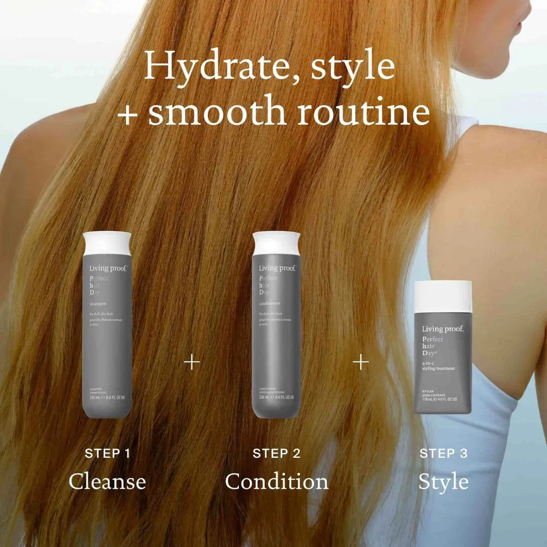 Living Proof Perfect Hair Day 5-in-1 Styling Treatment 118ml – how to use infographic: apply to damp hair before styling