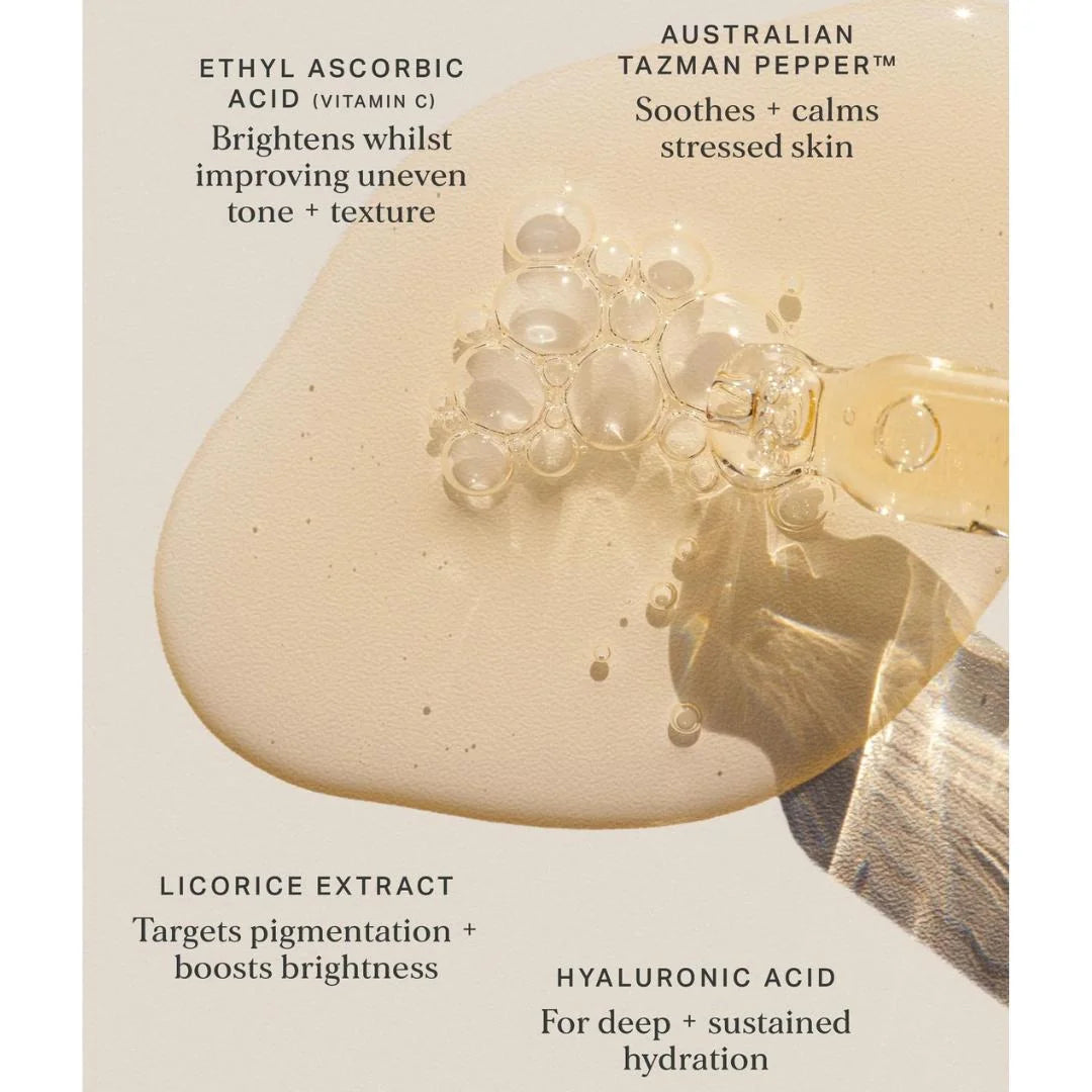 Alpha-H Vitamin C Brightening Serum 10% 15ml – key benefits infographic: brightens, evens skin tone and boosts radiance with 10% vitamin C
