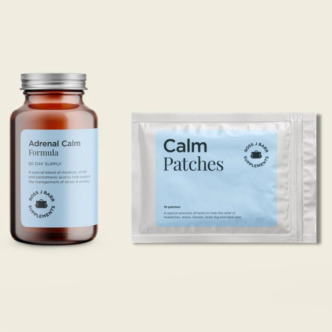Ross J. Barr Adrenal Calm Adaptogen Formula 60 tablets – key ingredients infographic: rhodiola root, vitamin B5, vitamin B6 and adaptogenic complex