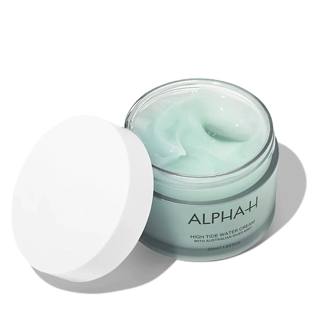 Alpha-H High Tide Water Cream 50ml – key ingredients infographic: hyaluronic acid, marine extracts and ceramide complex