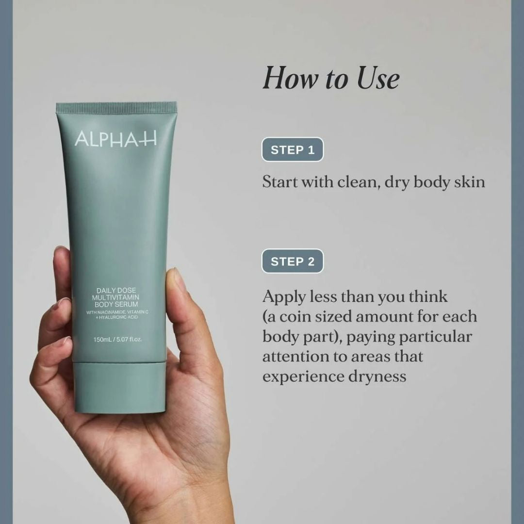 Alpha-H Daily Dose Multivitamin Body Serum how-to-use guide showing application to clean dry body skin with focus on areas experiencing dryness
