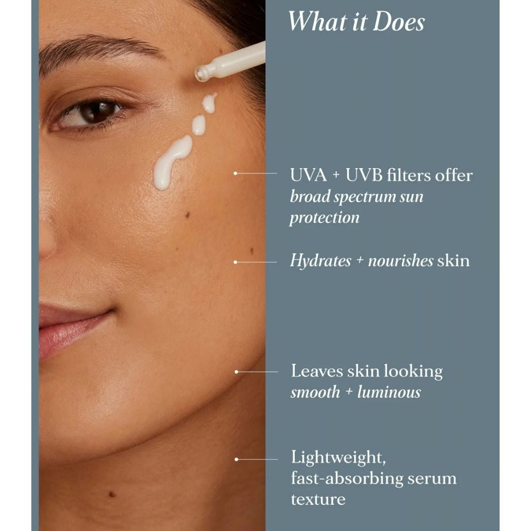 Alpha-H Dawn to Dusk SPF 50+ Serum benefits providing broad-spectrum UVA and UVB protection while hydrating and leaving skin luminous