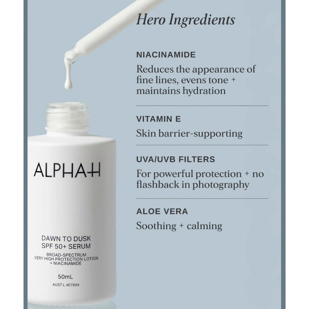 Alpha-H Dawn to Dusk SPF 50+ Serum hero ingredients including niacinamide, vitamin E, UVA and UVB filters and aloe vera