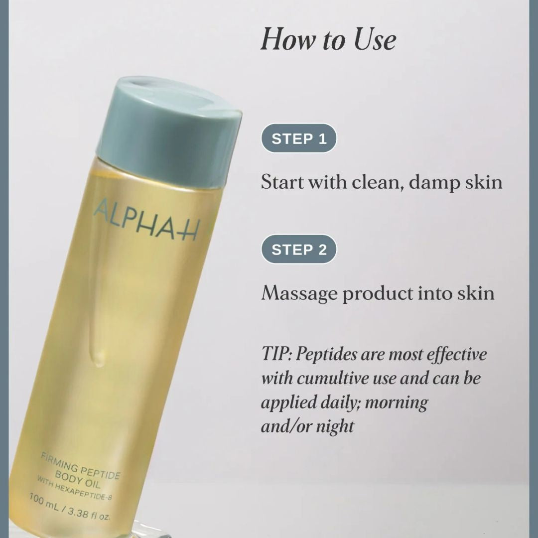 How to use Alpha-H Firming Peptide Body Oil – apply to clean damp skin and massage into the body morning and/or night
