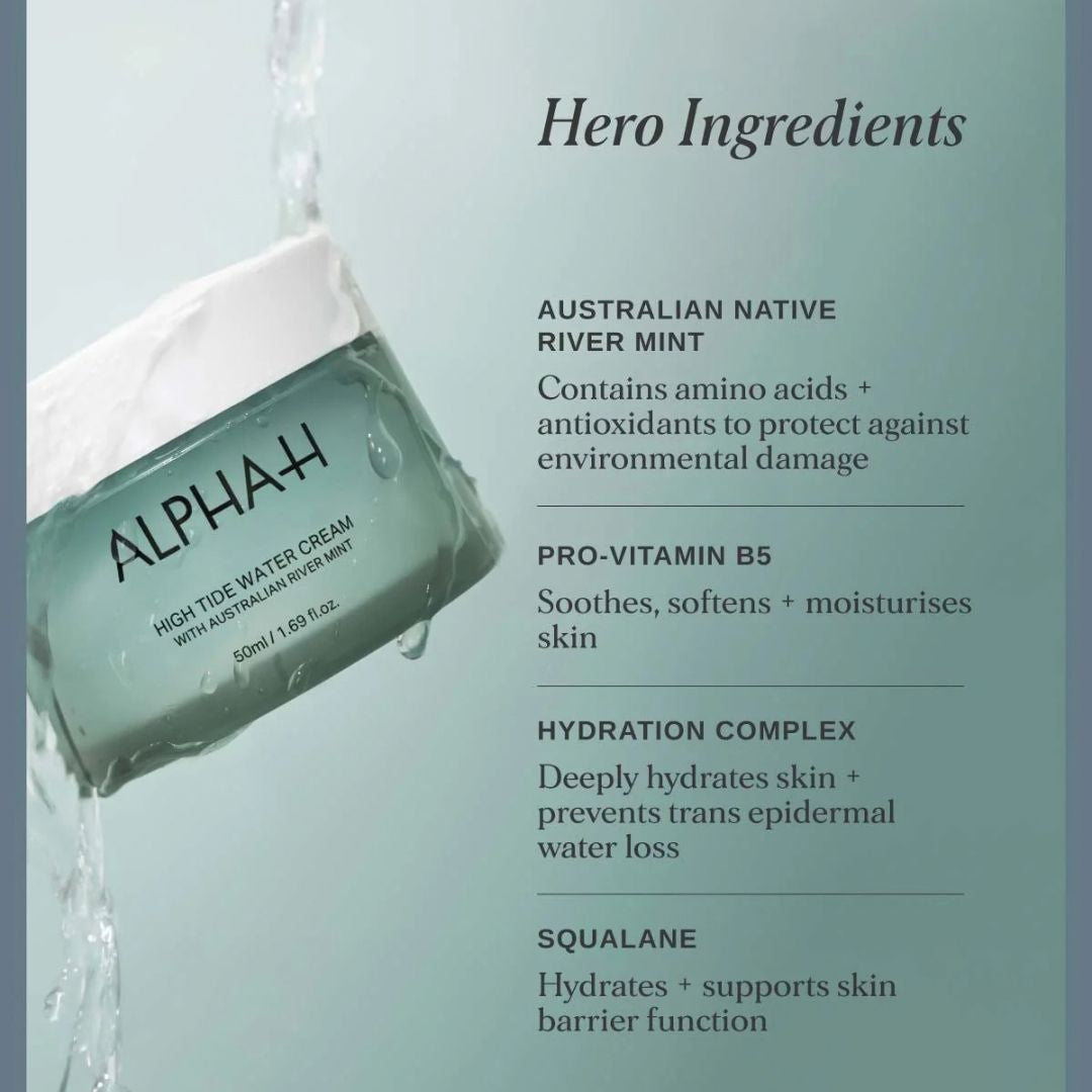 Alpha-H High Tide Water Cream hero ingredients including Australian River Mint, Pro-Vitamin B5, hydration complex and squalane