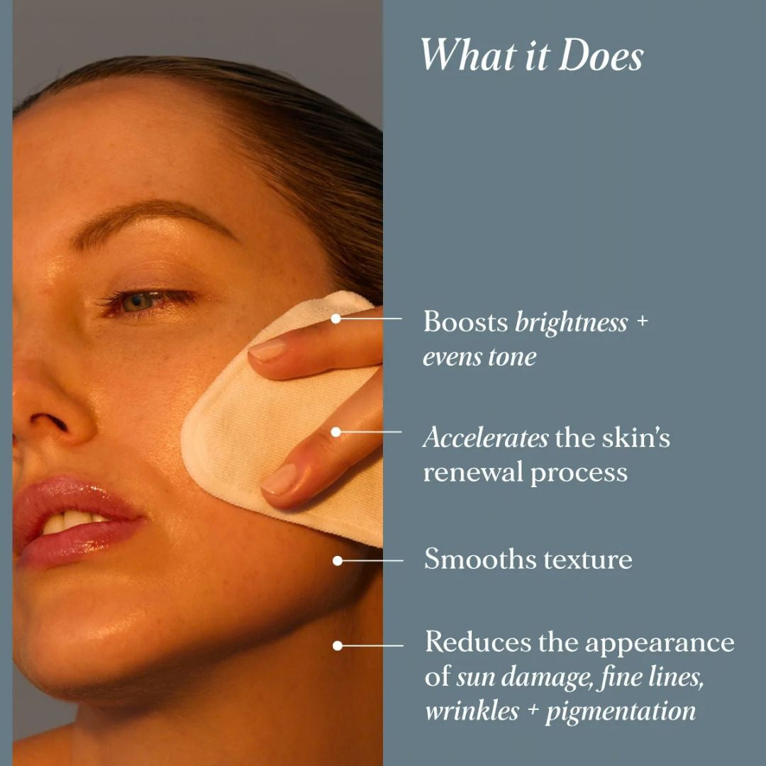 Alpha-H Liquid Gold + Vitamin C Exfoliating Treatment benefits such as boosting brightness, accelerating skin renewal, smoothing texture, and reducing sun damage and fine lines.