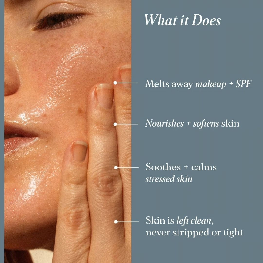 Alpha-H Melting Moment Cleansing Balm massaged onto the face to melt away makeup and SPF while nourishing and softening skin. 'What it Does' with bullet points about melting away makeup and SPF, nourishing and softening skin, soothing stressed skin, and leaving skin clean.