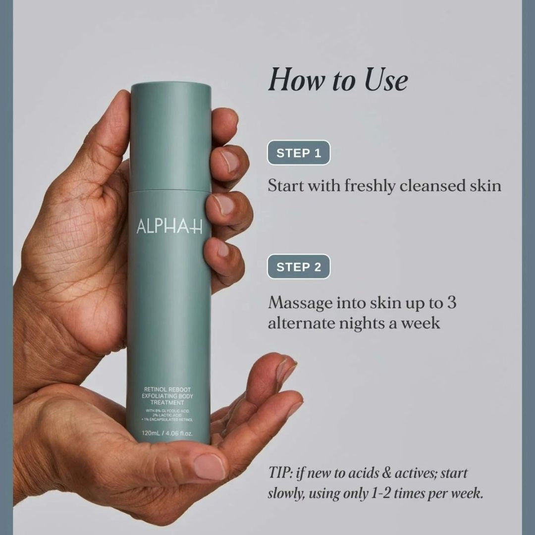 How to use Alpha-H Retinol Reboot Exfoliating Body Treatment – massage into cleansed skin up to three alternate nights a week