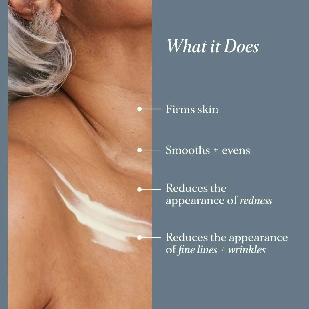 Alpha-H Retinol Reboot Exfoliating Body Treatment applied to the neck and chest to firm, smooth and even the appearance of skin. What it Does' listing skin-firming, smoothing, redness-reduction, and wrinkle-reduction benefits.