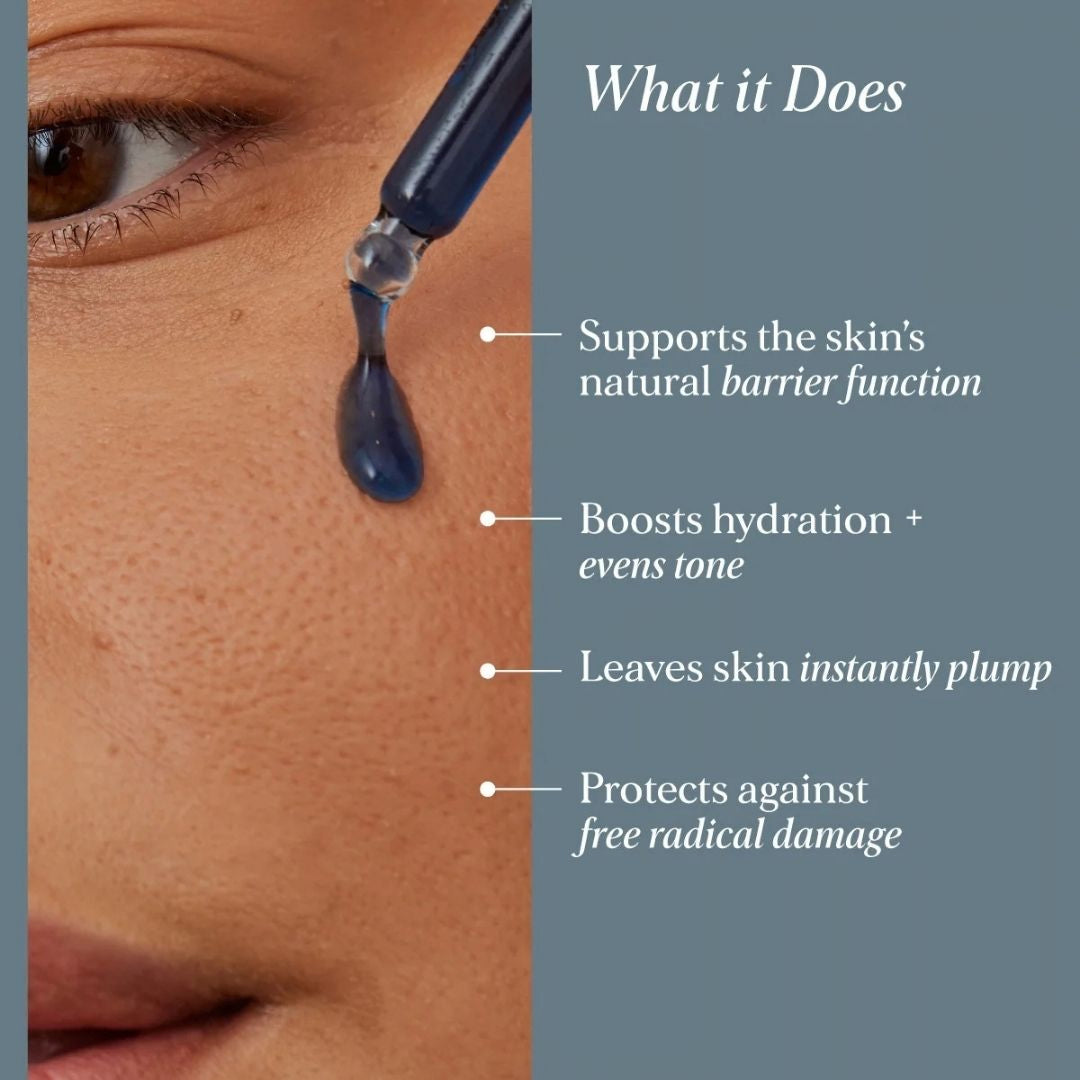Alpha-H Vitamin B Serum 25ml benefits supporting the skin barrier, boosting hydration, evening skin tone and leaving skin plump. 'What it Does' with four bullet points about skin support, hydration and tone, plumpness, and antioxidant protection.