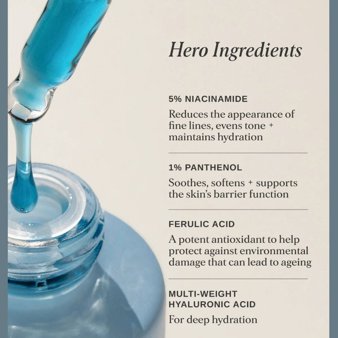 Alpha-H Vitamin B Serum hero ingredients including 5% niacinamide, 1% panthenol, ferulic acid and multi-weight hyaluronic acid