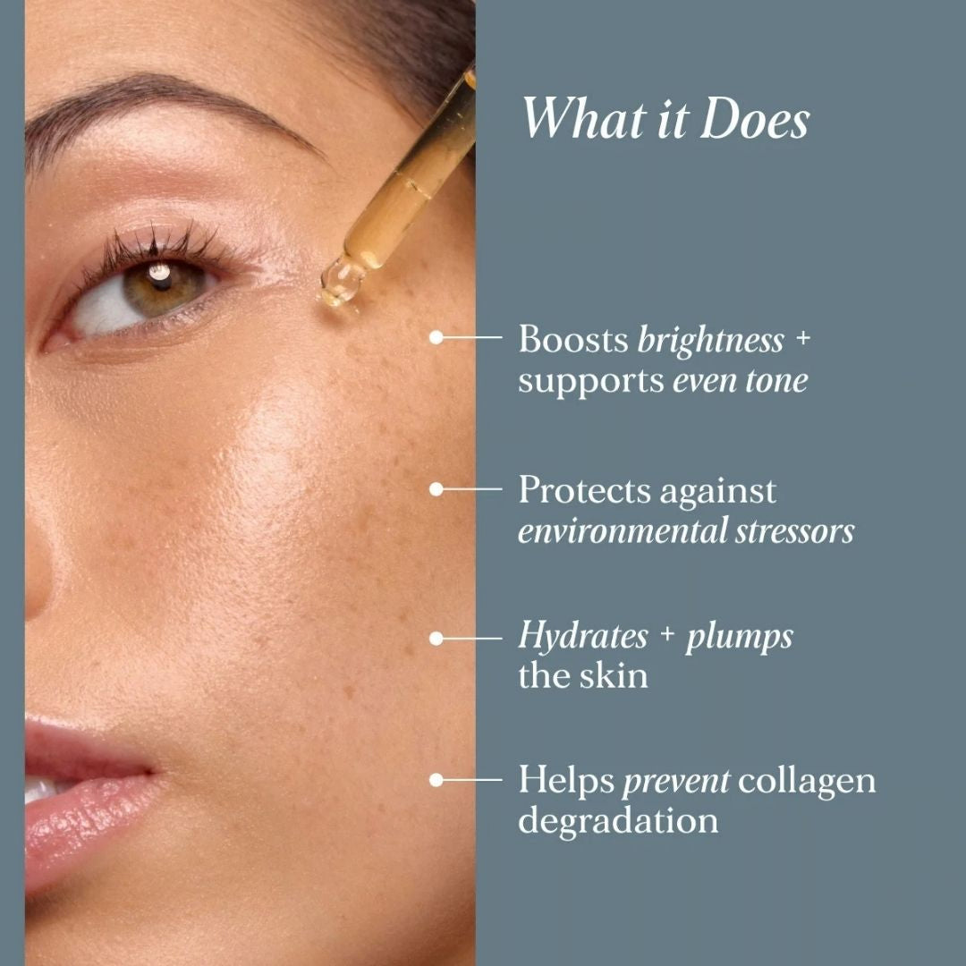 Alpha-H Vitamin C Serum applied with a dropper to boost brightness, support even skin tone, hydrate and protect against environmental stressors. What it Does' and bullet points about brightening, environmental protection, hydration, and collagen support.