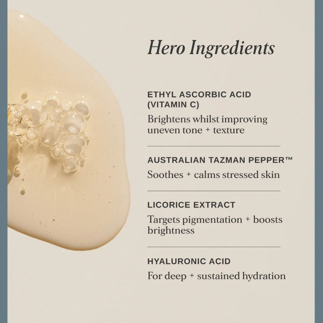 Alpha-H Vitamin C Serum hero ingredients including ethyl ascorbic acid, Australian Tazman Pepper, licorice extract and hyaluronic acid for brighter, hydrated skin