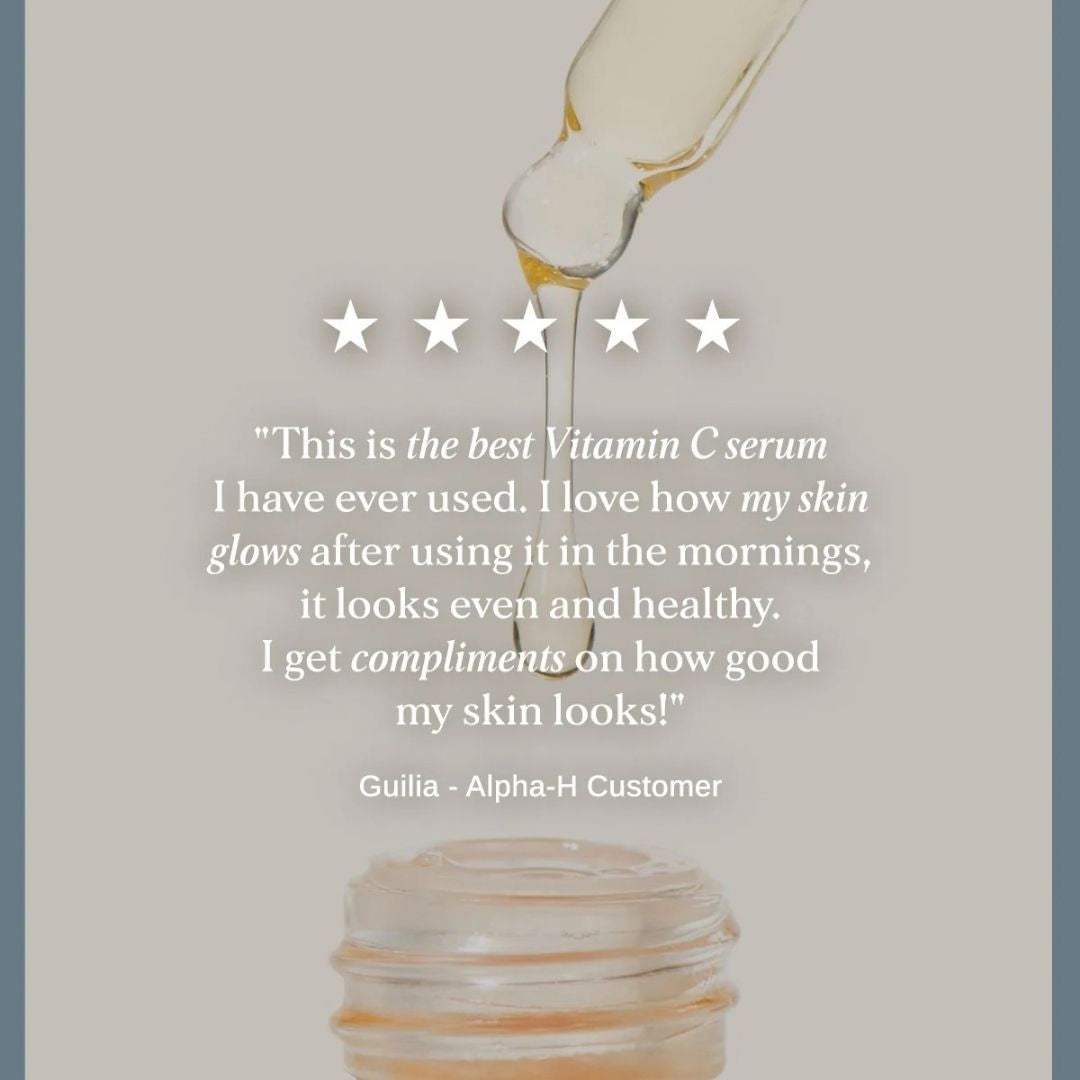 Alpha-H Vitamin C Serum texture with a five-star customer review highlighting brighter, glowing and more even-looking skin
