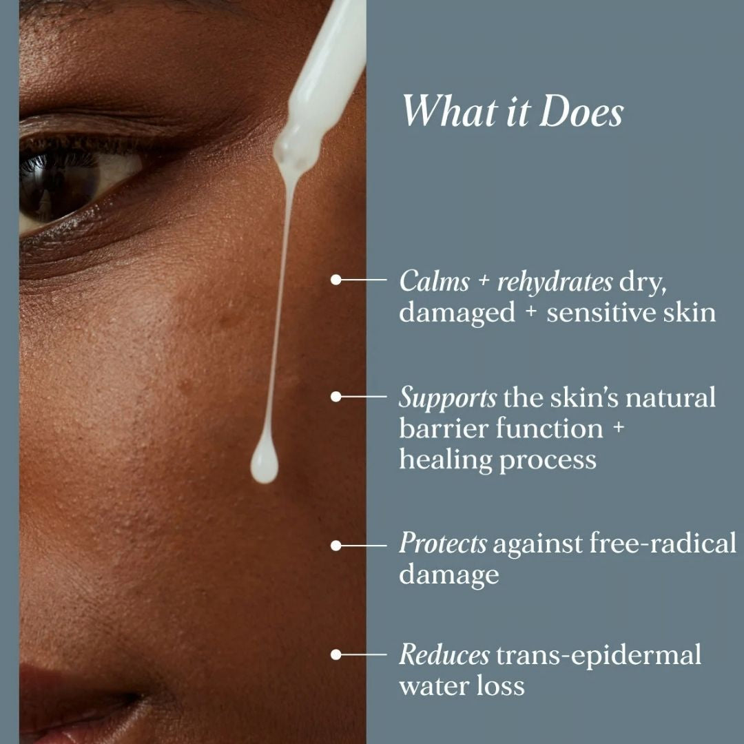 Alpha-H Vitamin E Serum applied to the face to hydrate dry sensitive skin, support the skin barrier and reduce moisture loss