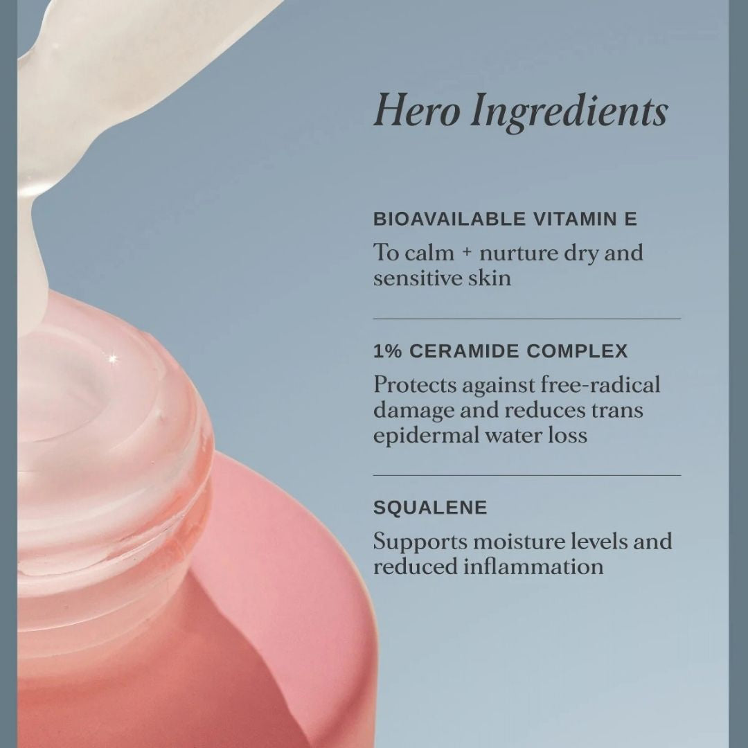Alpha-H Vitamin E Serum hero ingredients with bioavailable vitamin E, 1% ceramide complex and squalene for dry, sensitive skin