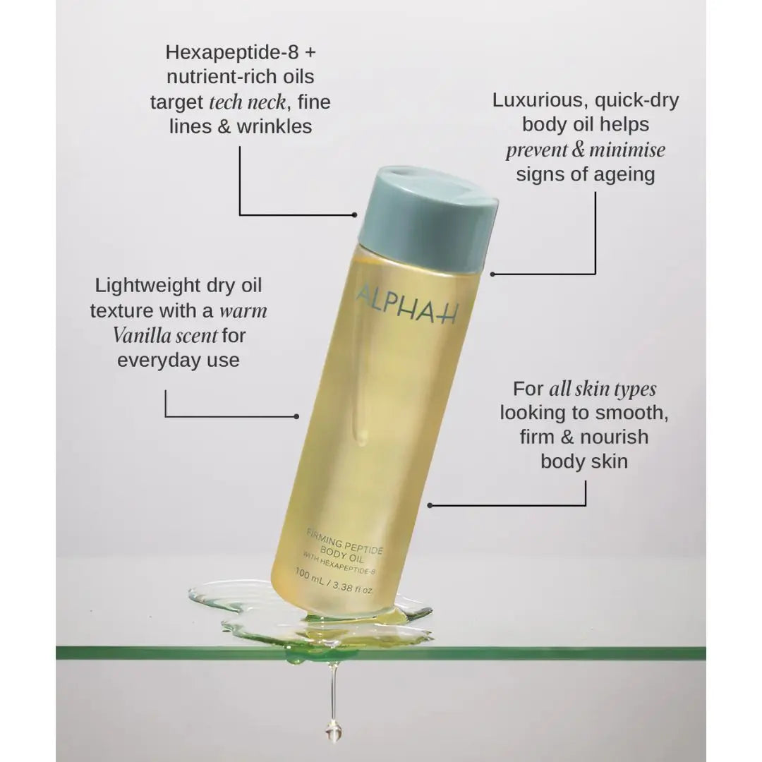 Alpha-H body oil bottle with product features