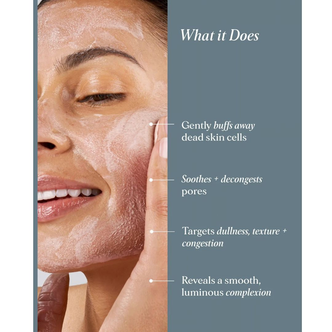 Alpha-H Illuminating Enzyme Polish benefits for smoothing texture, decongesting pores and revealing luminous-looking skin. 'What it Does' and bullet points about soothing pores, reducing dullness, and revealing a smooth complexion.