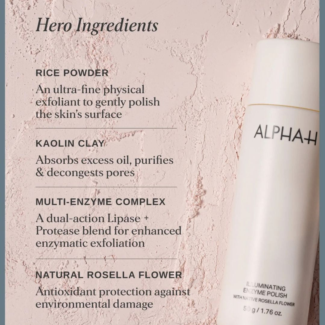 Alpha-H Illuminating Enzyme Polish hero ingredients including rice powder, kaolin clay, multi-enzyme complex and native rosella flower