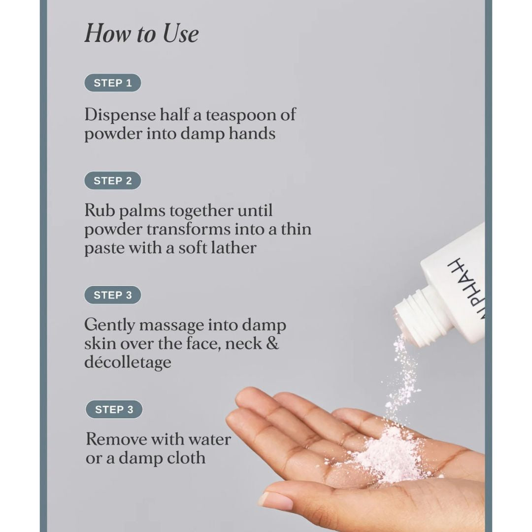 Alpha-H Illuminating Enzyme Polish powder exfoliant 'How to Use' showing steps for applying a powder skincare product to damp hands and skin
