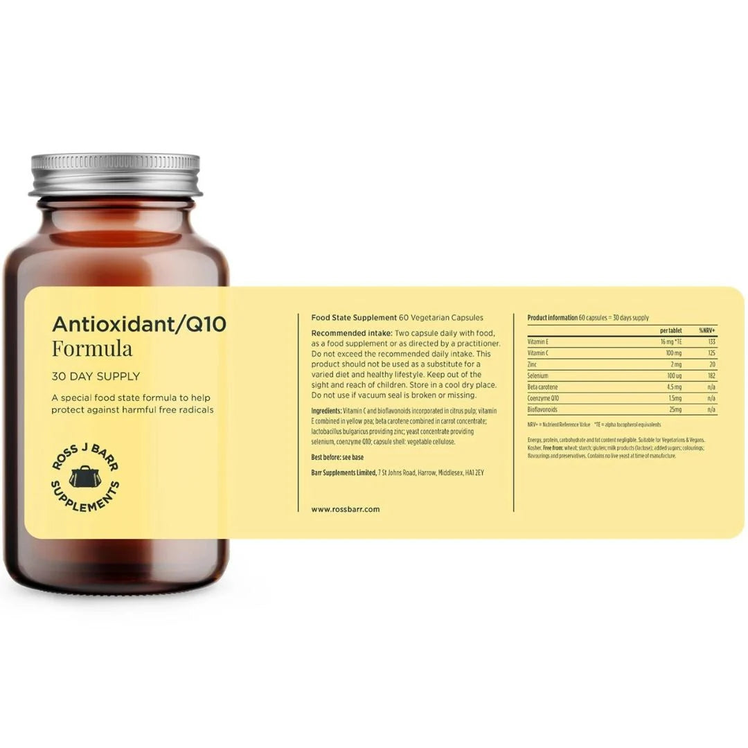 Ross J. Barr Antioxidant Q10 Formula 60 tablets – key benefits infographic: supports cellular energy, heart health and antioxidant defence with CoQ10