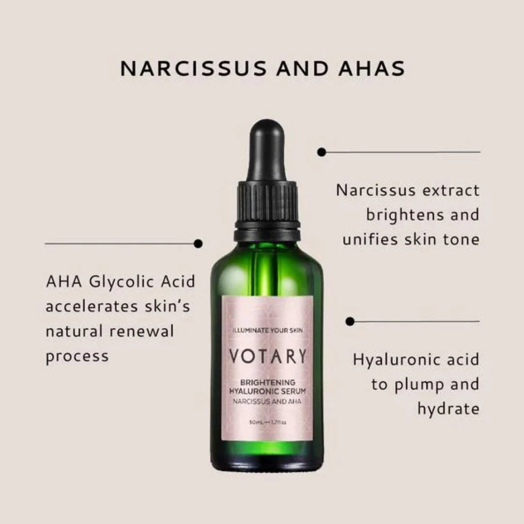 Votary Brightening Hyaluronic Serum Narcissus & AHA 50ml – lightweight serum texture swatch on white background