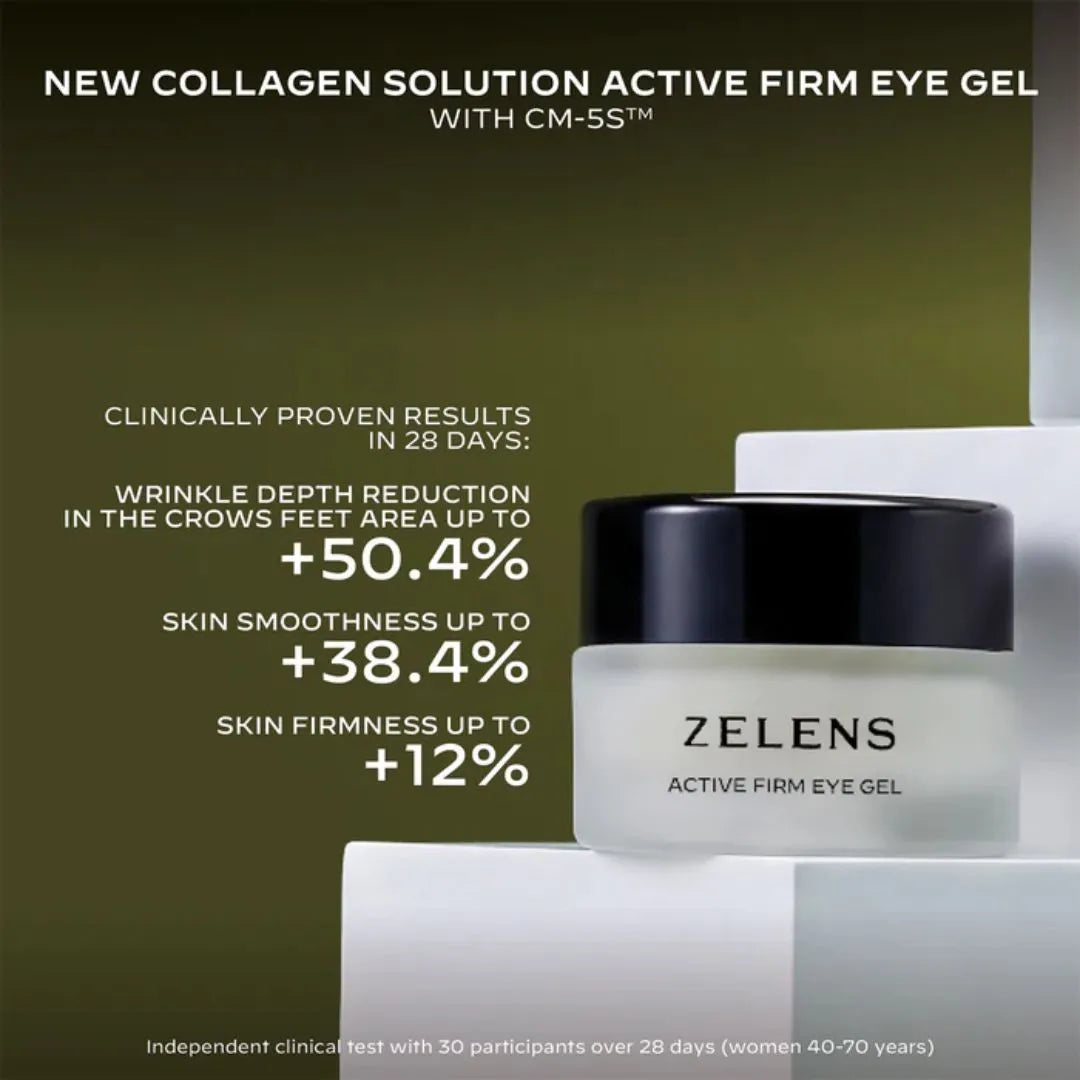 Zelens Active Firm Eye Gel with clinical benefits on a green background