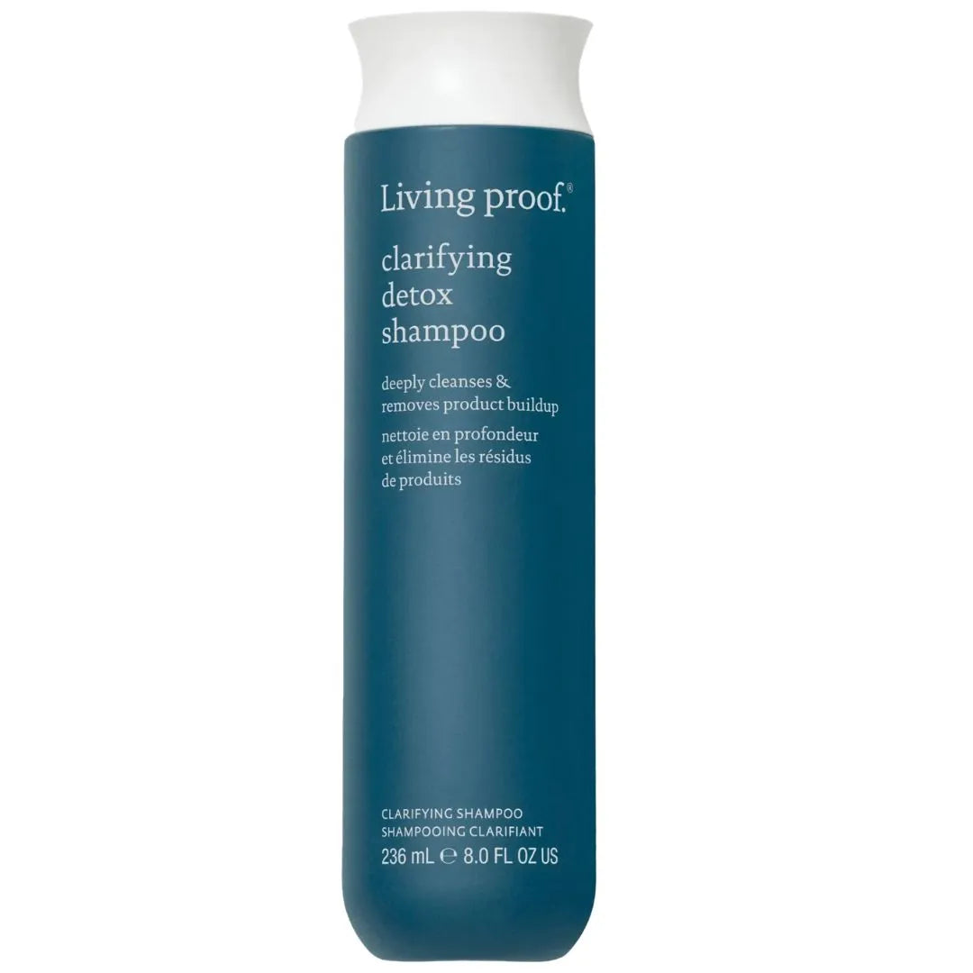 Living Proof clarifying detox shampoo bottle on a white background