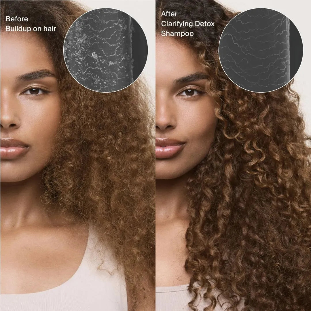 Before and after comparison of hair with buildup on the left and clear hair with clarifying detox shampoo on the right.