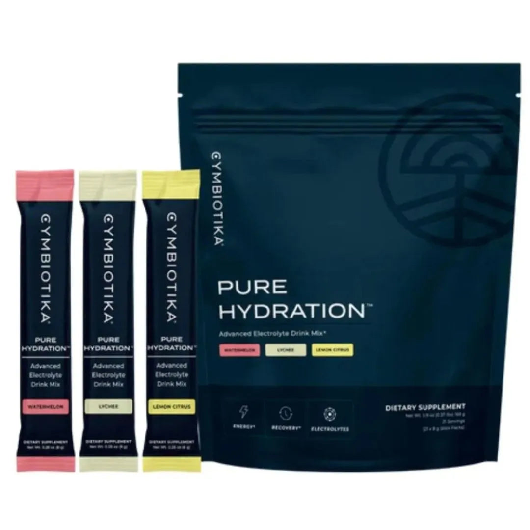 Cymbrotika Pure Hydration dietary supplement pouch in dark navy blue, shown with three individual stick packs in pink, yellow, and white flavors on a plain white background.