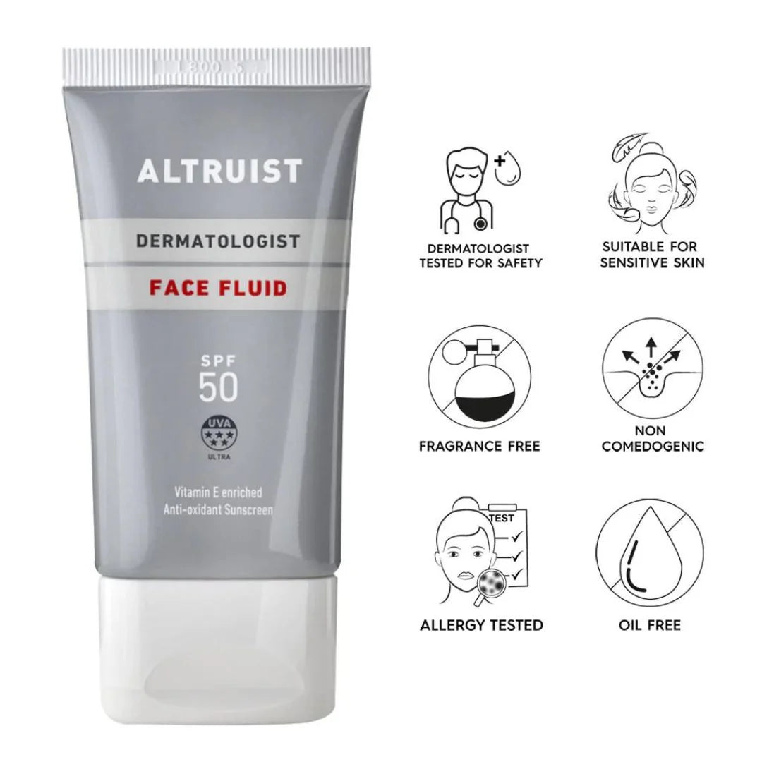 Altruist Dermatologist Face Fluid SPF 50 50ml – key benefits infographic: lightweight SPF 50 face fluid, non-greasy and suitable for daily use under makeup
