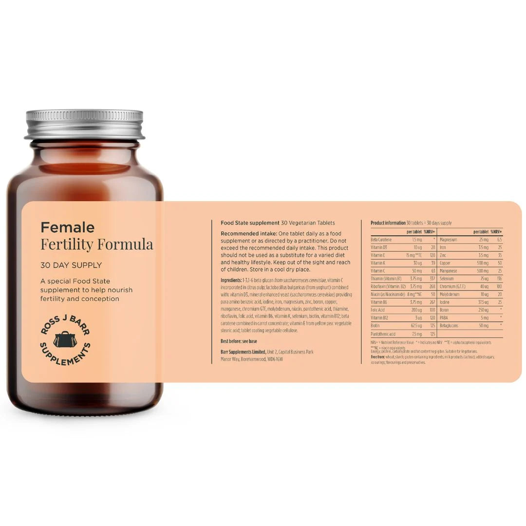 Ross J. Barr Female Fertility Formula 30 tablets – key benefits infographic: supports female fertility, hormonal balance and reproductive health