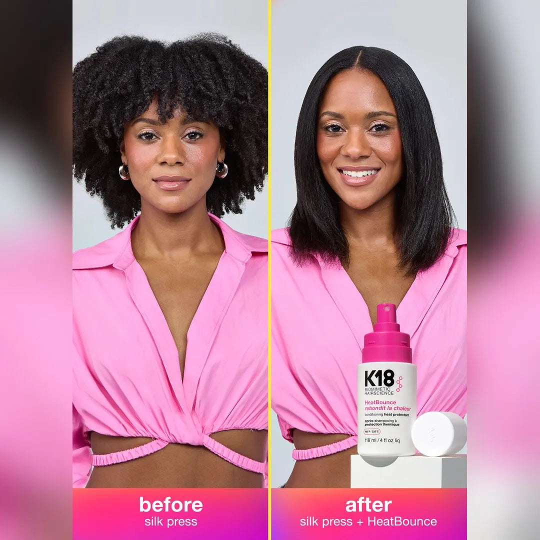 Smooth heat-styled hair with K18 Heat Bounce