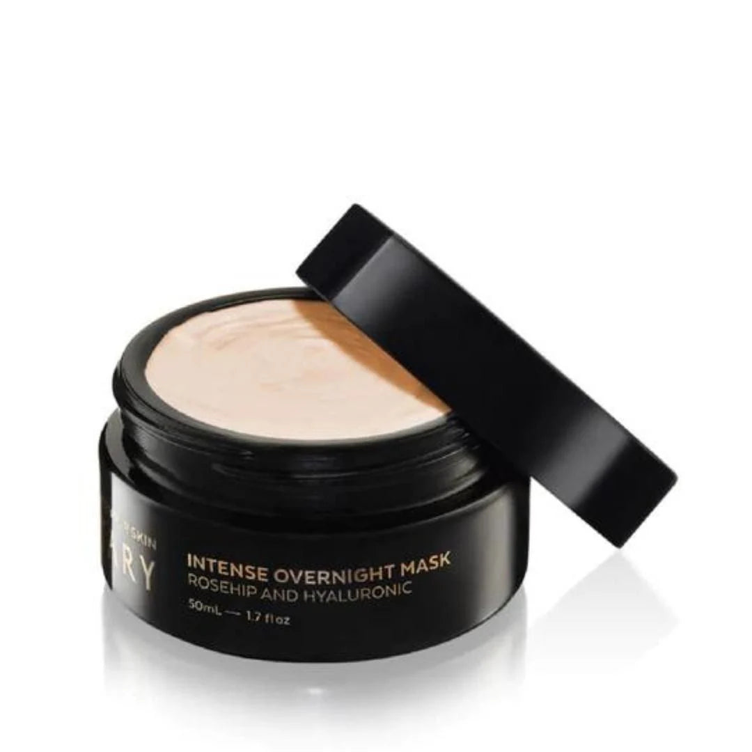 Votary Intense Overnight Mask Rosehip & Hyaluronic 50ml – lifestyle flat lay: product jar with rosehip botanical styling on neutral background