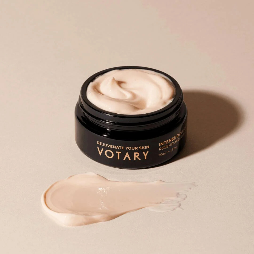 Votary Intense Overnight Mask Rosehip & Hyaluronic 50ml – rich cream texture swatch on white background