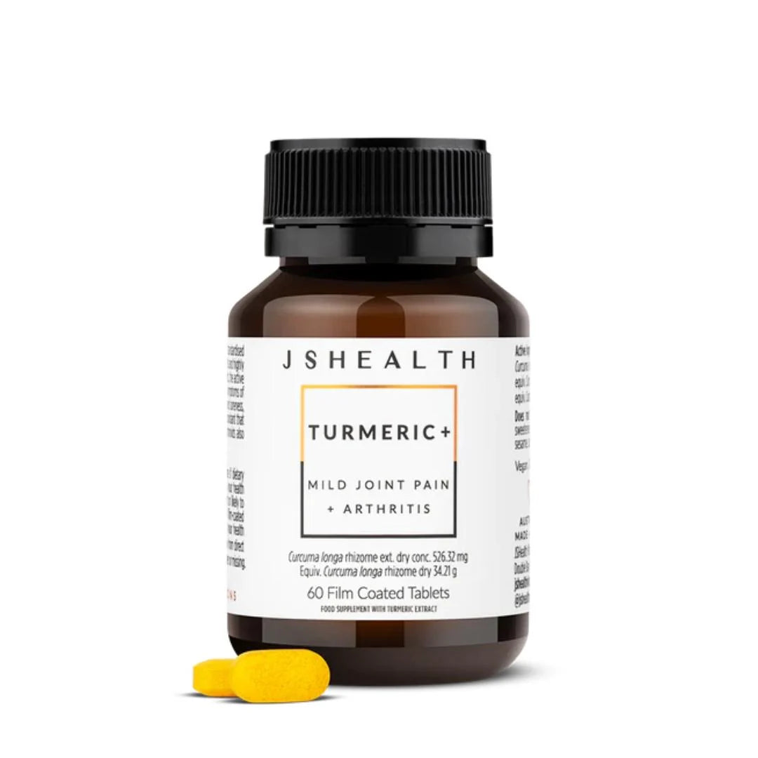 JSHealth Curcumin Turmeric+ for Joint Pain 60 Tablets – front-of-pack product shot on warm beige background