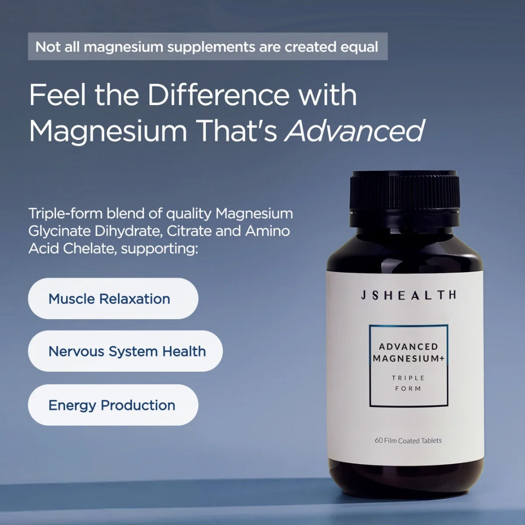 JSHealth Advanced Magnesium + Triple Form 60 Tablets – product shot with key formula callout on beige background