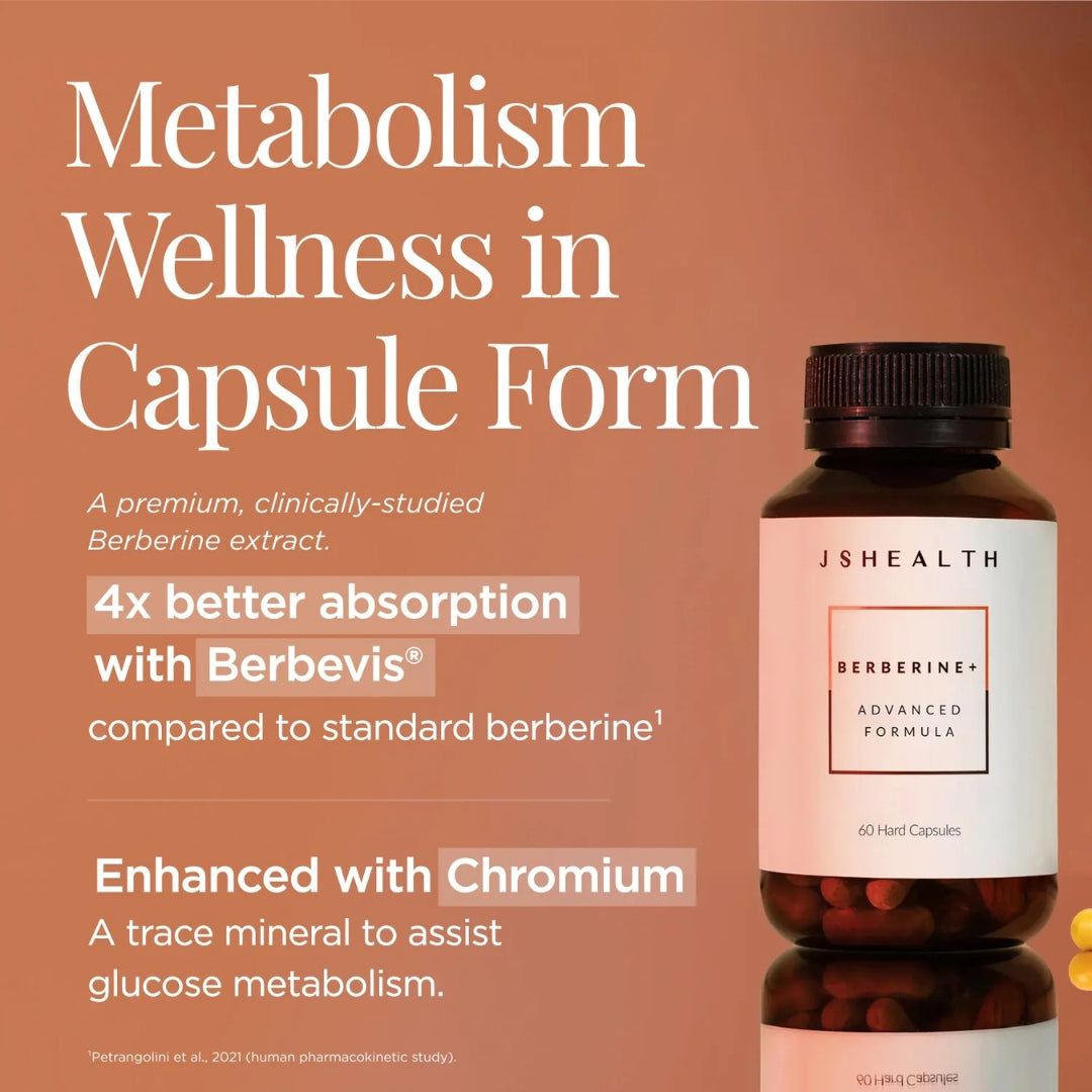 JSHealth Berberine+ Advanced Formula 60 Tablets – targeted ingredients infographic: Berberine, Chromium, Cinnamon