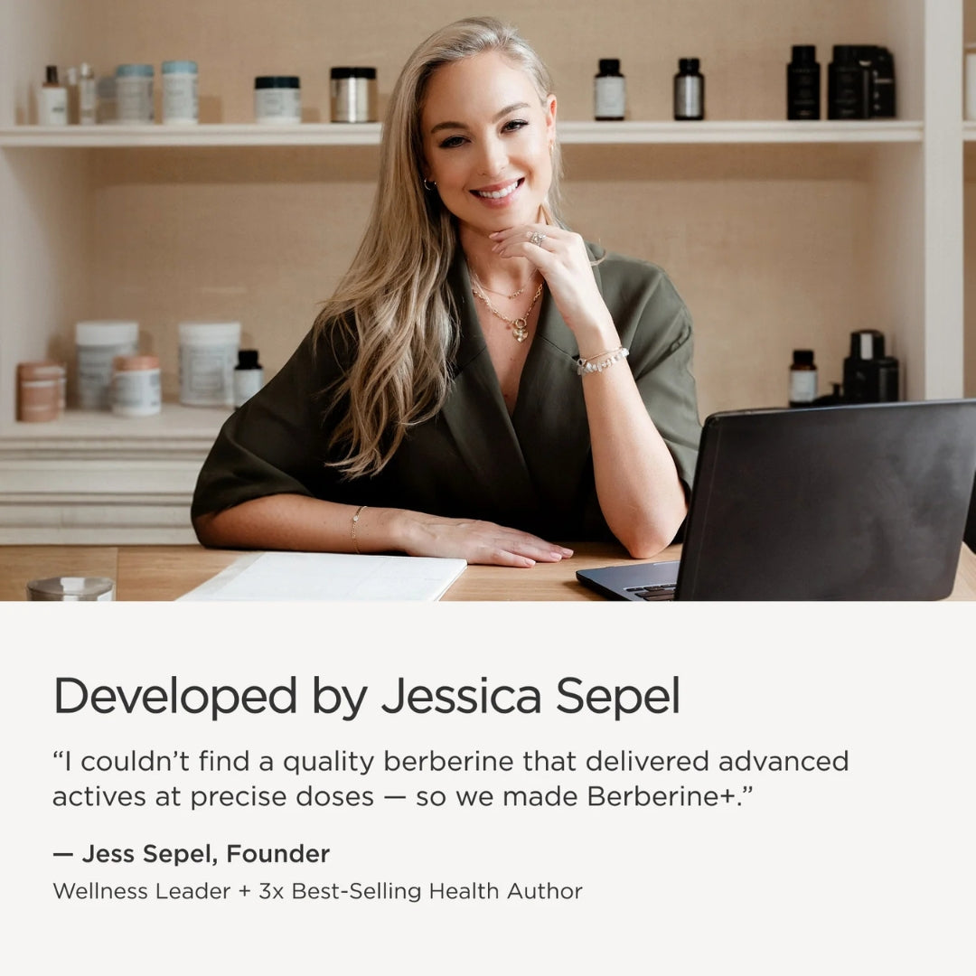 JSHealth Berberine+ Advanced Formula 60 Tablets – lifestyle shot: yellow capsules on marble dish
