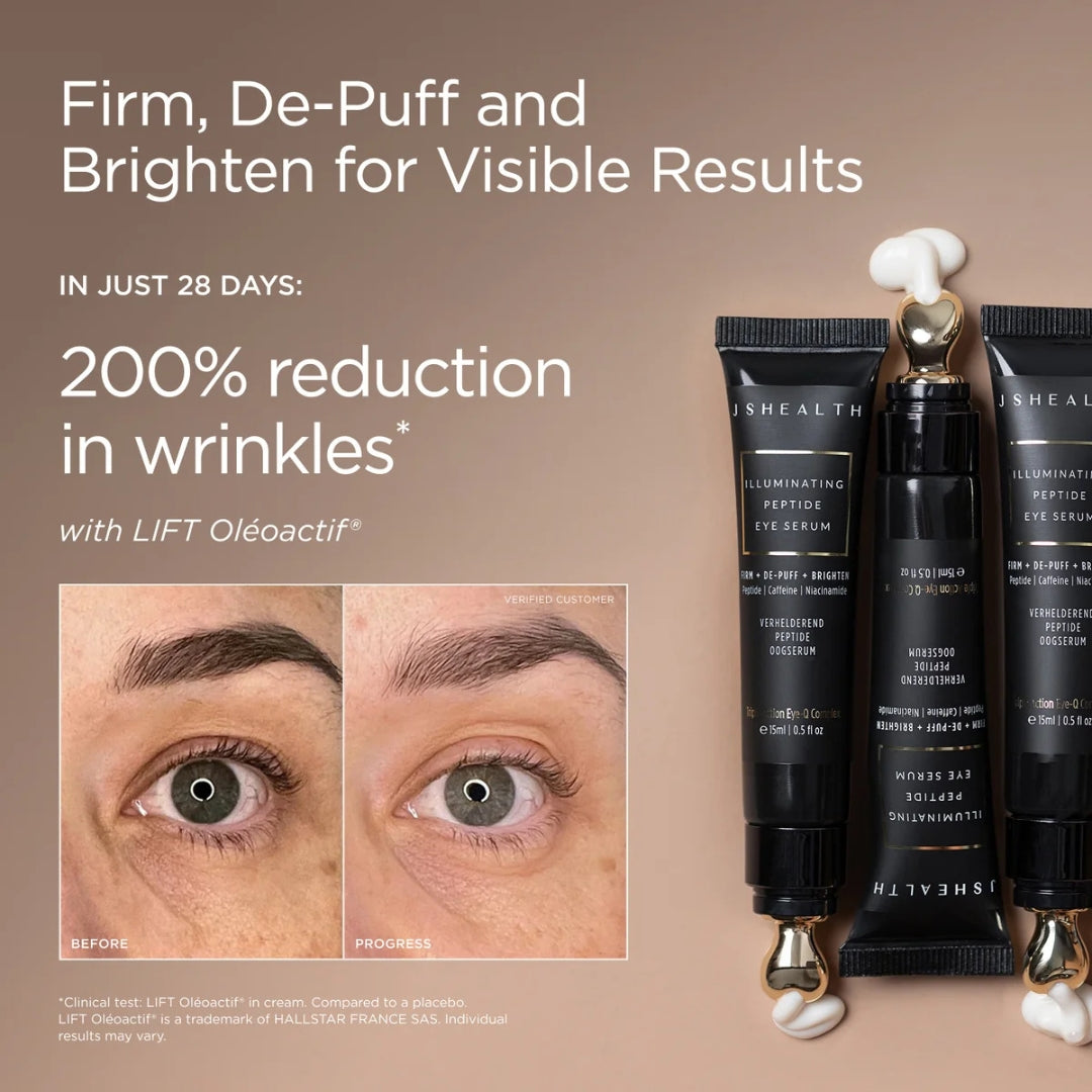 JSHealth Illuminating Peptide Eye Serum 15ml – product shot with key formula callout on beige background