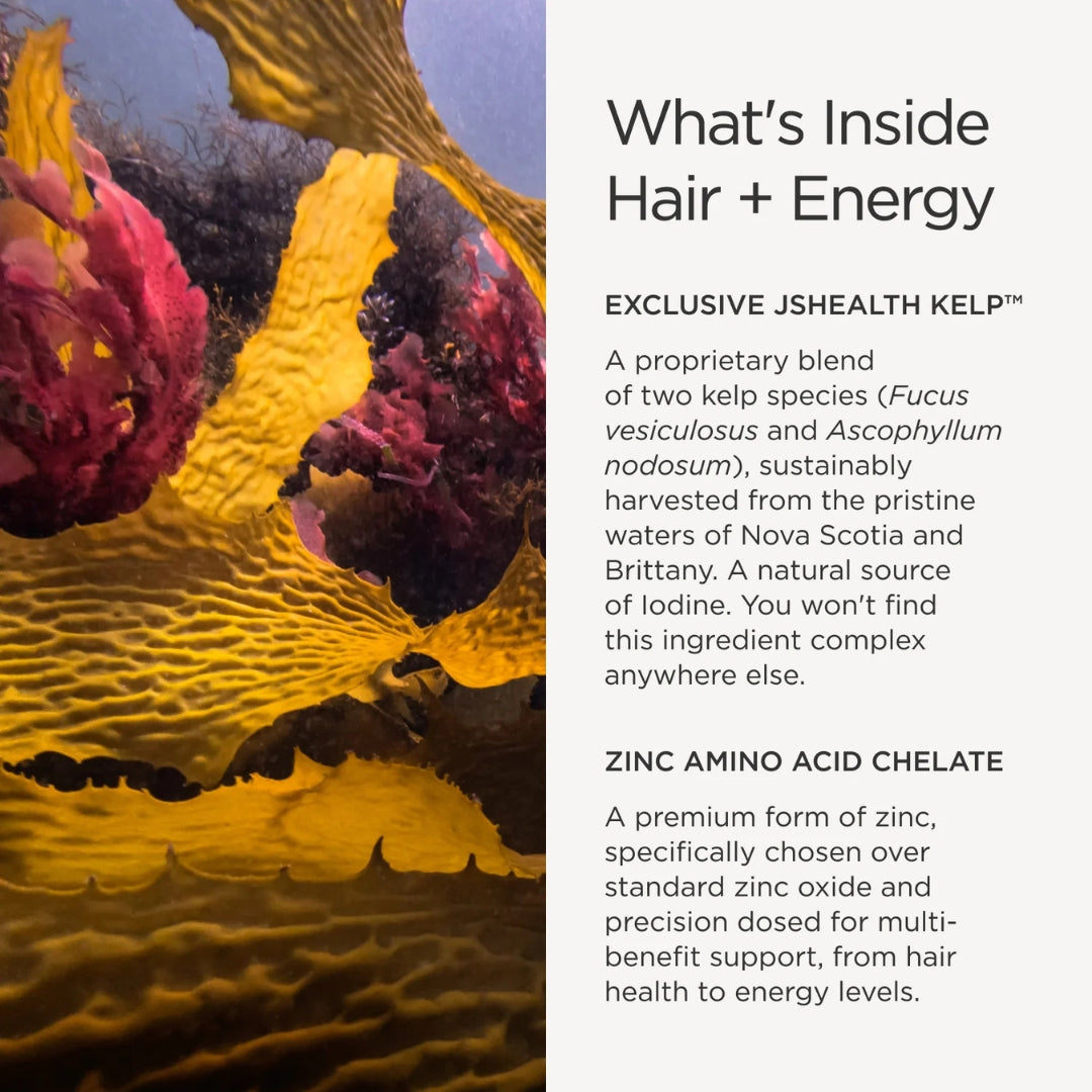 JSHealth Hair + Energy Supplements 60 Tablets – targeted ingredients infographic: Biotin, Iodine, Selenium