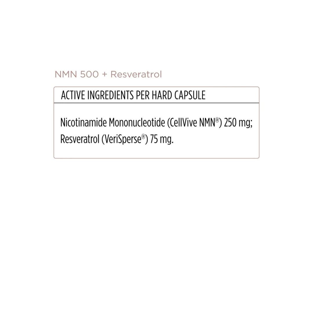 JSHealth NMN 500 + Resveratrol active ingredients with 250mg CellVive NMN and 75mg VeriSperse Resveratrol per capsule