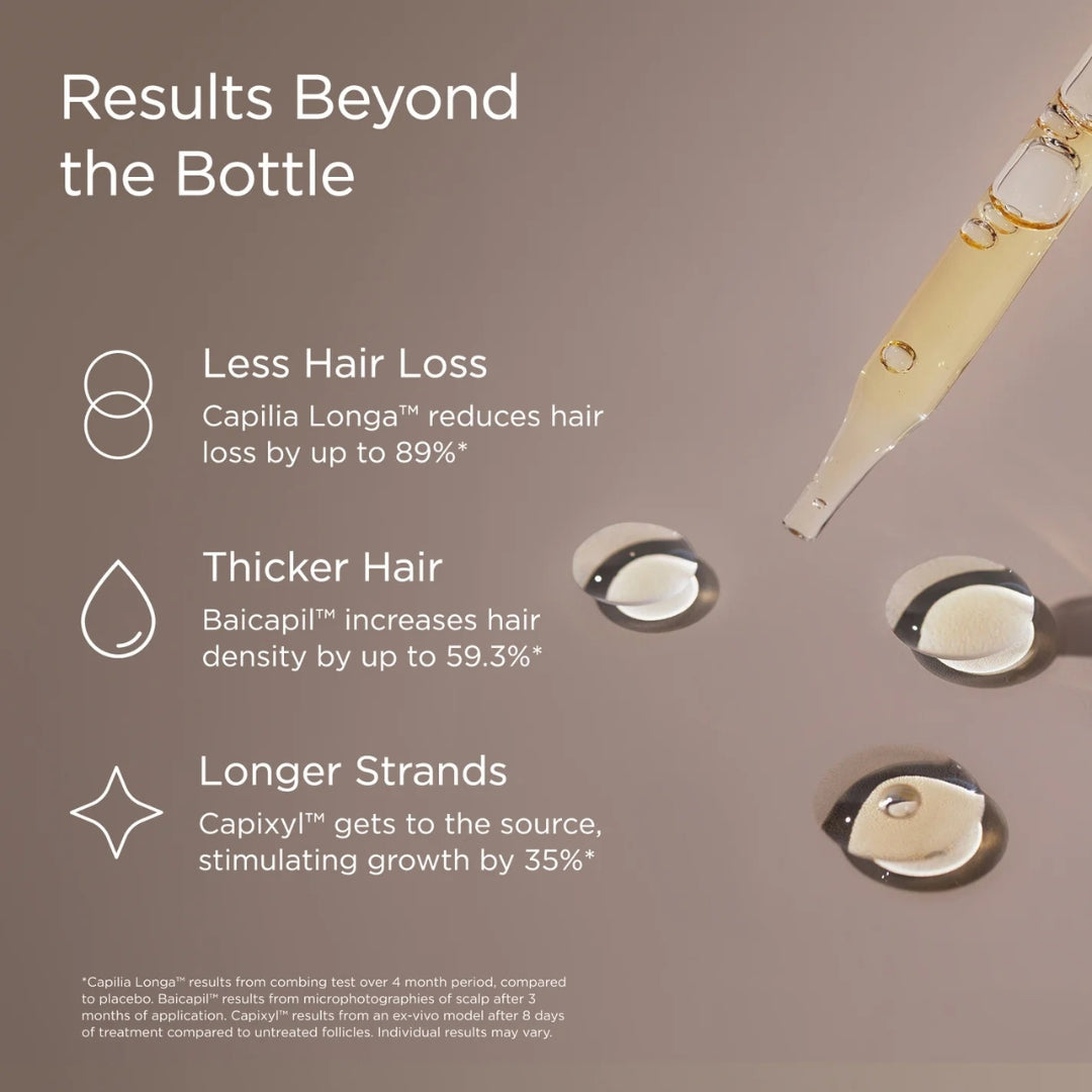 JSHealth Vita-Growth Scalp Serum – lifestyle shot: serum dropper bottle on marble surface with botanical styling