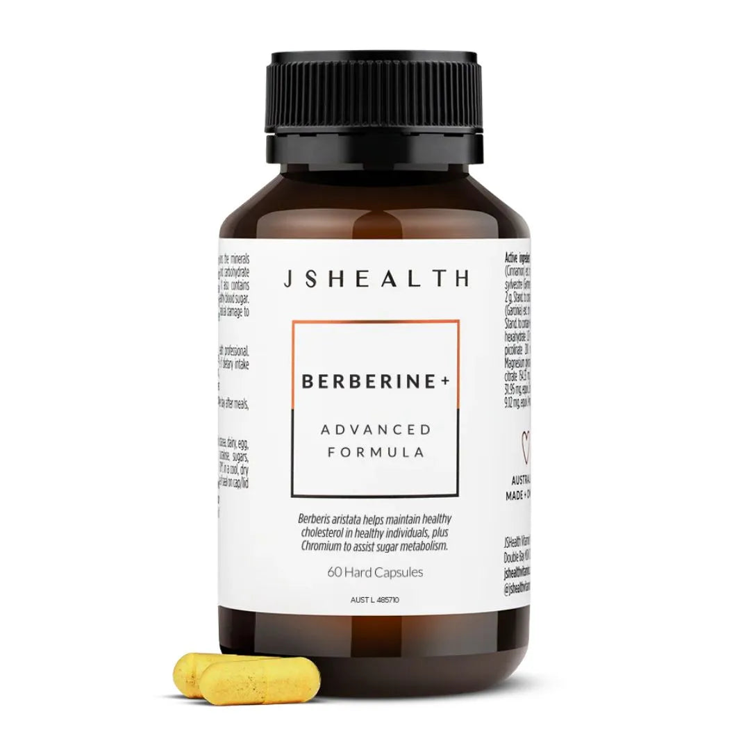 JS Health Berberine+ supplement bottle with capsules on a white background