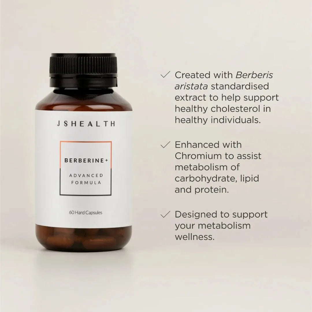 JS Health Berberine supplement bottle with product details on a light background
