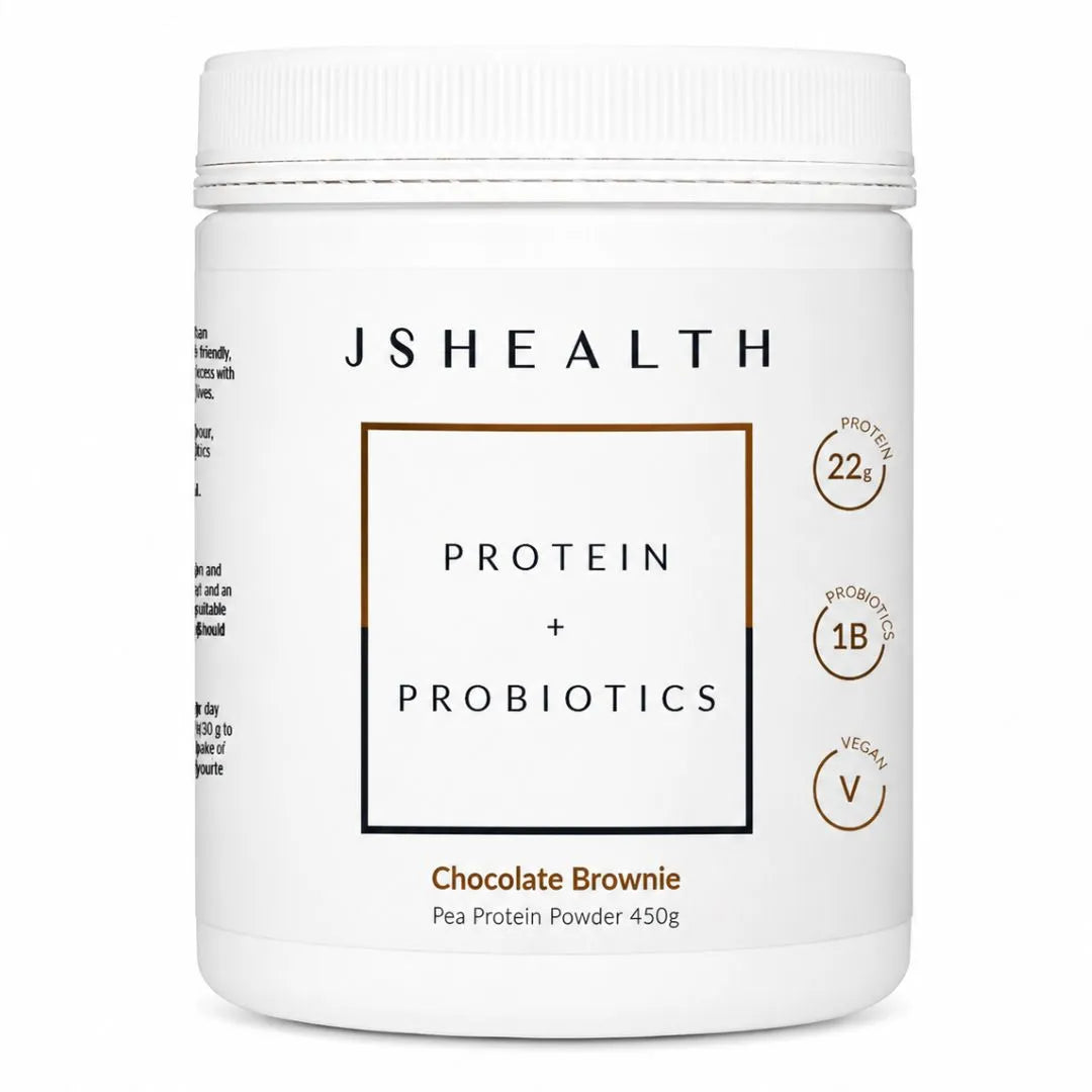 JSHealth Protein + Probiotics Chocolate Brownie Pea Protein Powder 450g – front-of-pack product shot on white background