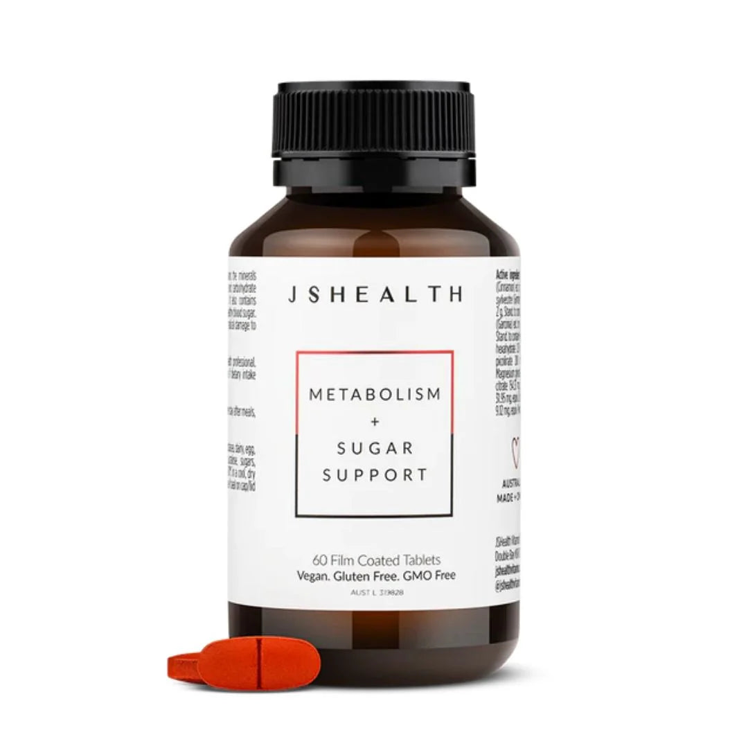 JSHealth Metabolism + Sugar Support 60 Tablets – front-of-pack product shot on warm beige background