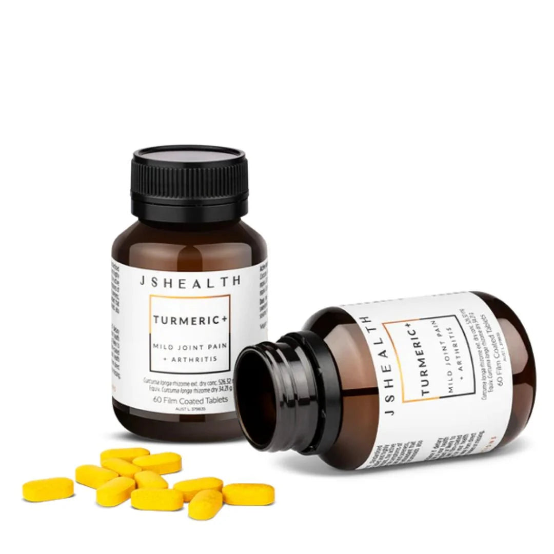 JSHealth Curcumin Turmeric+ for Joint Pain 60 Tablets – targeted ingredients infographic: Curcumin, Boswellia, Ginger