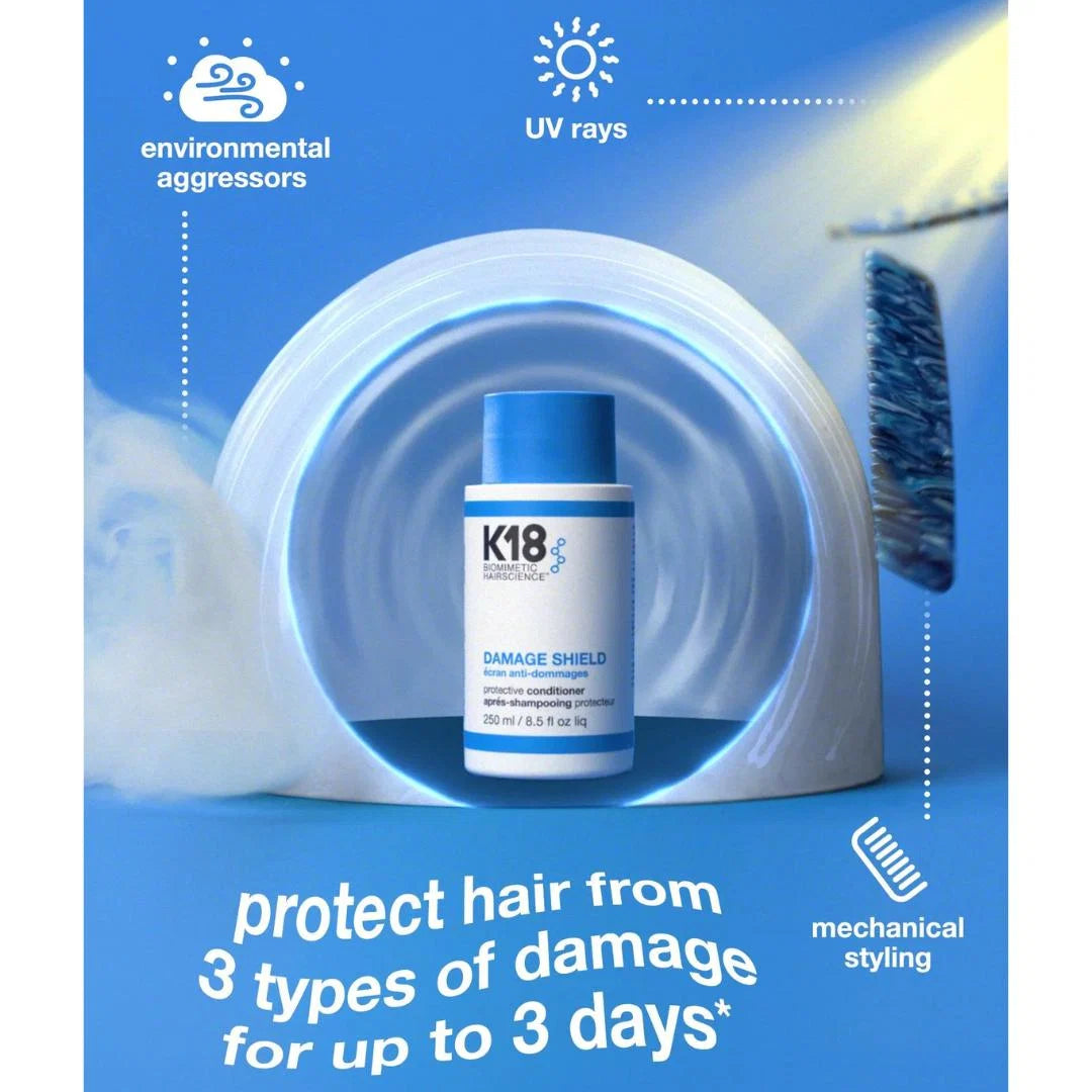 A bottle of K18 Haircare Damage Shield hair conditioner is centered against a blue graphic background with illustrated callouts for environmental aggressors, UV rays, mechanical styling, and a claim that it protects hair from 3 types of damage for up to 3 days.